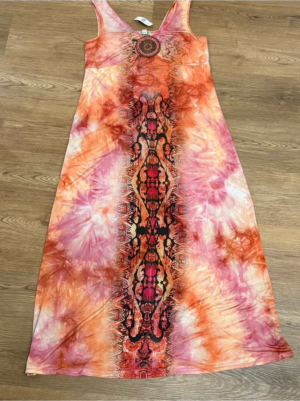 Y2k orange tie dye beaded groovy maxi dress boho